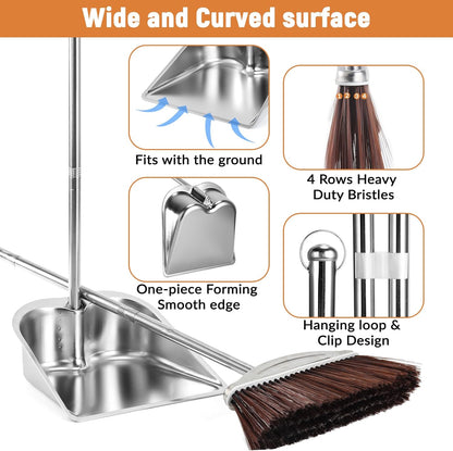 VOOWO Broom with Dustpan Combo Set, 46" Stainless Steel Broom and Dustpan Set for Home, Heavy Duty Dust Pan with Long Handle, Broom for Sweeping Indoor and Outdoor, Kitchen Broom and Dust Pan (Khaki)