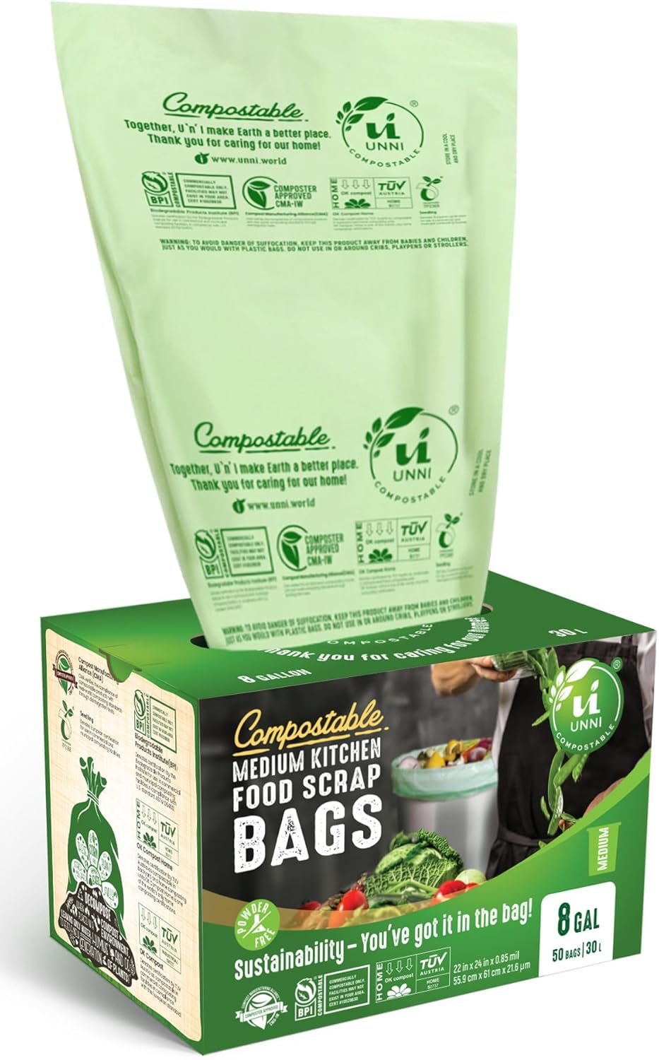 UNNI Compostable Trash Bags, 13 Gallon / 49.2 Liter, 50 Count, Extra Thick 0.9 Mil Tall Kitchen Food Scrap Bin Liners, Certified by BPI, CMA & OK compost HOME, Meets the ASTM D6400 Standard