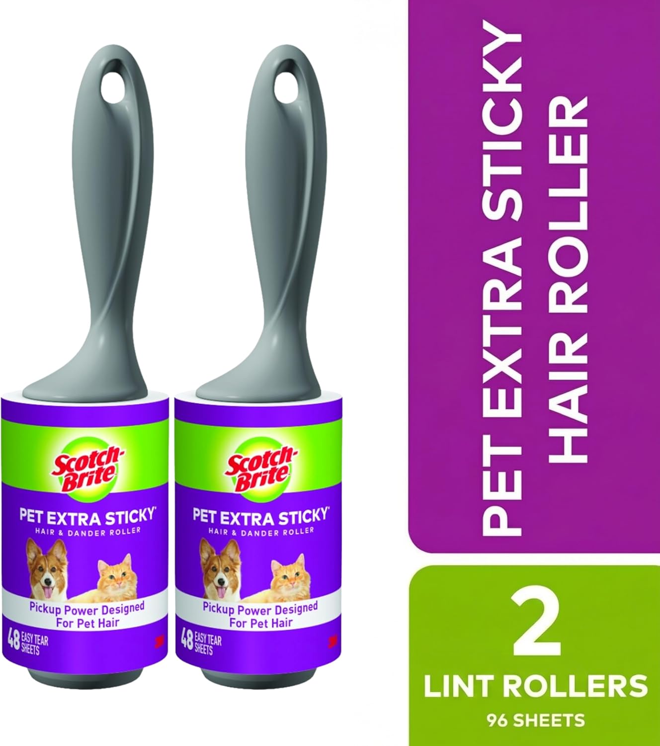 Scotch-Brite Pet Hair Pickup Extra Sticky Lint Roller, Designed for Removing Fur + Fluff on Couches, Clothes, Dog and Cat Beds, & More, 4 Pack, 192 Easy-Tear Adhesive Sheets Total
