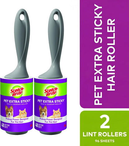 Scotch-Brite Pet Hair Pickup Extra Sticky Lint Roller, Designed for Removing Fur + Fluff on Couches, Clothes, Dog and Cat Beds, & More, 4 Pack, 192 Easy-Tear Adhesive Sheets Total