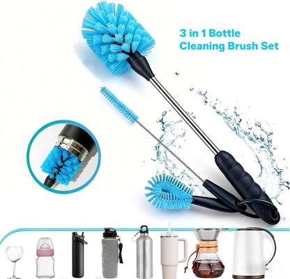 3-in-1 Water Bottle Cleaning Set: 15" Long Handle Brush, Straw Cleaner & Detail Scrubber - Professional Household Scrubber for Daily Kitchen Cleaning & Travel Mugs