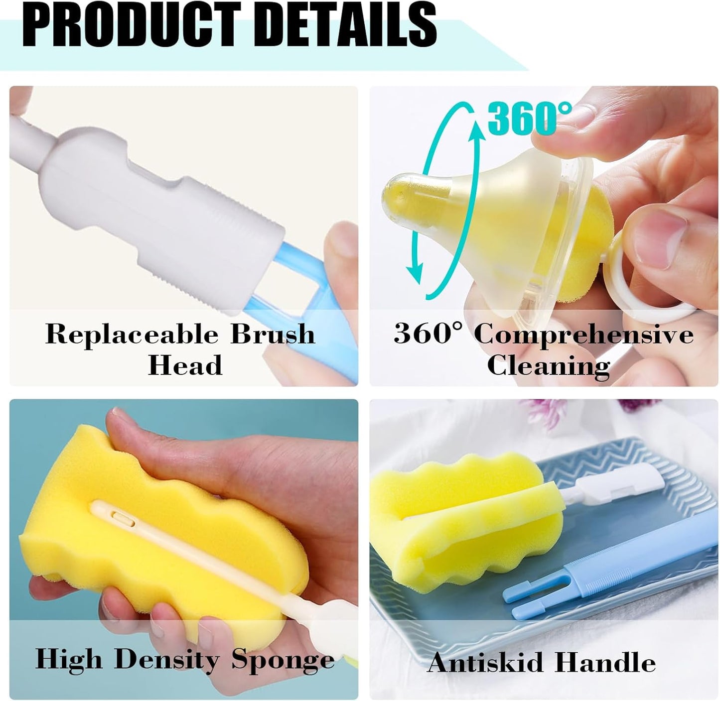 Baby Bottle Cleaning Brush 6-Piece Set Detachable Sponge Bottle Brush, Nylon Milk Bottle Brush, 2PCS Nipple Brush, 2PCS Straw Brush (Pink)