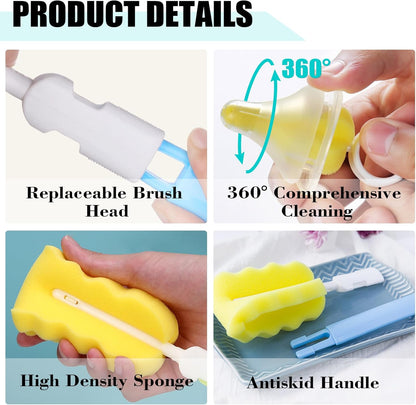Baby Bottle Cleaning Brush 6-Piece Set Detachable Sponge Bottle Brush, Nylon Milk Bottle Brush, 2PCS Nipple Brush, 2PCS Straw Brush (Pink)