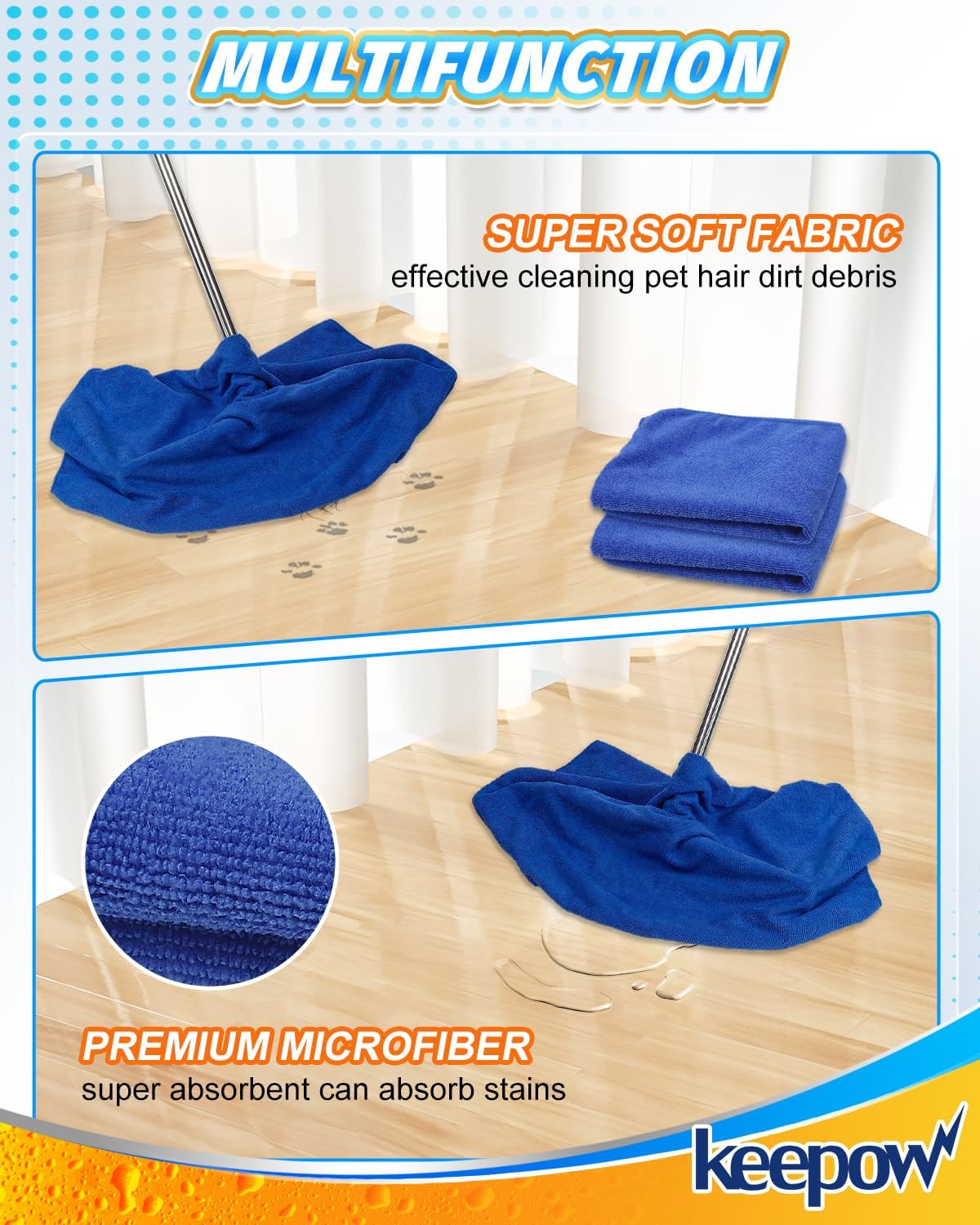 KEEPOW 6PCS Extra Large Microfiber Cleaning Cloth, 30"x20" Washable Reusable Floor Cloth for Squeegee Mop House Floor Kitchen Car Window Highly Absorbent, Lint and Streak Free (Green & Blue & Grey)