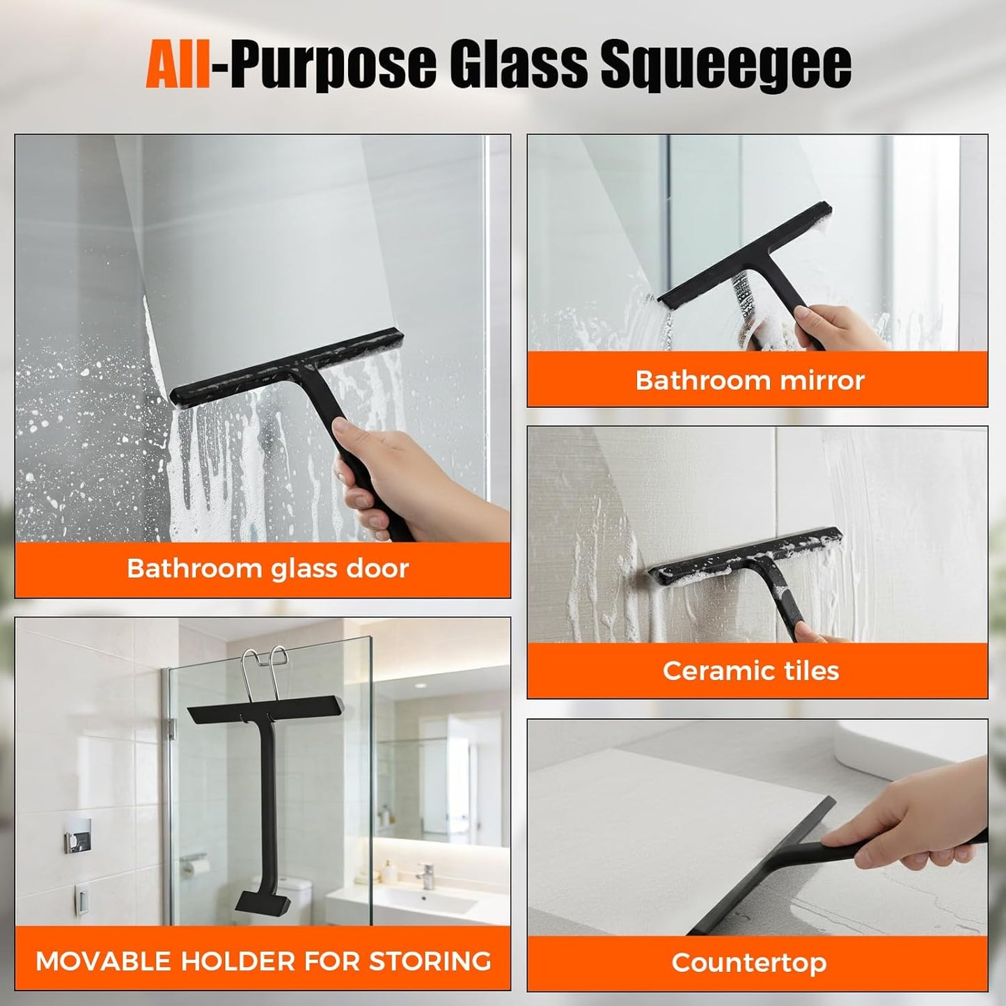 Shower Squeegee for Glass Doors,All-One-Piece Silicone Squeegee for Shower Glass with Mobile Hook,Household Window Mirror Squeegee,for Cleaner Bathroom, Window,Glass, Kitchen, Tile Wall, Car
