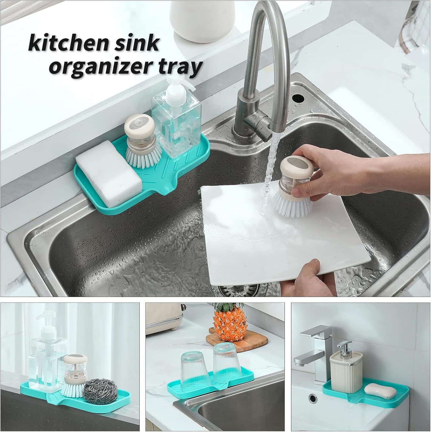 MicoYang Silicone Bathroom Soap Dishes with Drain Spout-Bathroom and Kitchen Sink Organizer,Sponge Holder,Dish Soap Tray,Perfect for Dispenser,Scrubber,Bottle,Cup on Sink or Counter-Black 4.9"×3.2"