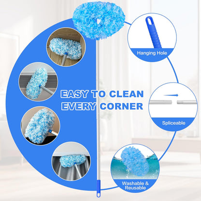 Ceiling Fan Cleaner Duster Reusable Microfiber Ceiling Fan Blade Cleaner Removable Duster with Extension Pole Adjusts 13 to 49.7 Inch for Cleaning Walls Bookshelves Furniture Door Window Top (Blue)