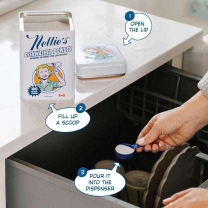 Nellie's Dishwasher Powder - 50 Load - Plant-Based Dishwasher Detergent - Septic Safe, Fragrance-Free - Easily Penetrates Grease & Food Particles - Phosphate-Free - (Made in Canada)