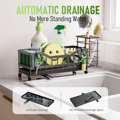 Sponge Holder for Kitchen Sink, Kitchen Sink Caddy with Long-Handled Dish Brushes Holder, 304 Rustproof Stainless Steel Countertop Organizers and Storage, Home Kitchen Sink Accessories(Silver)