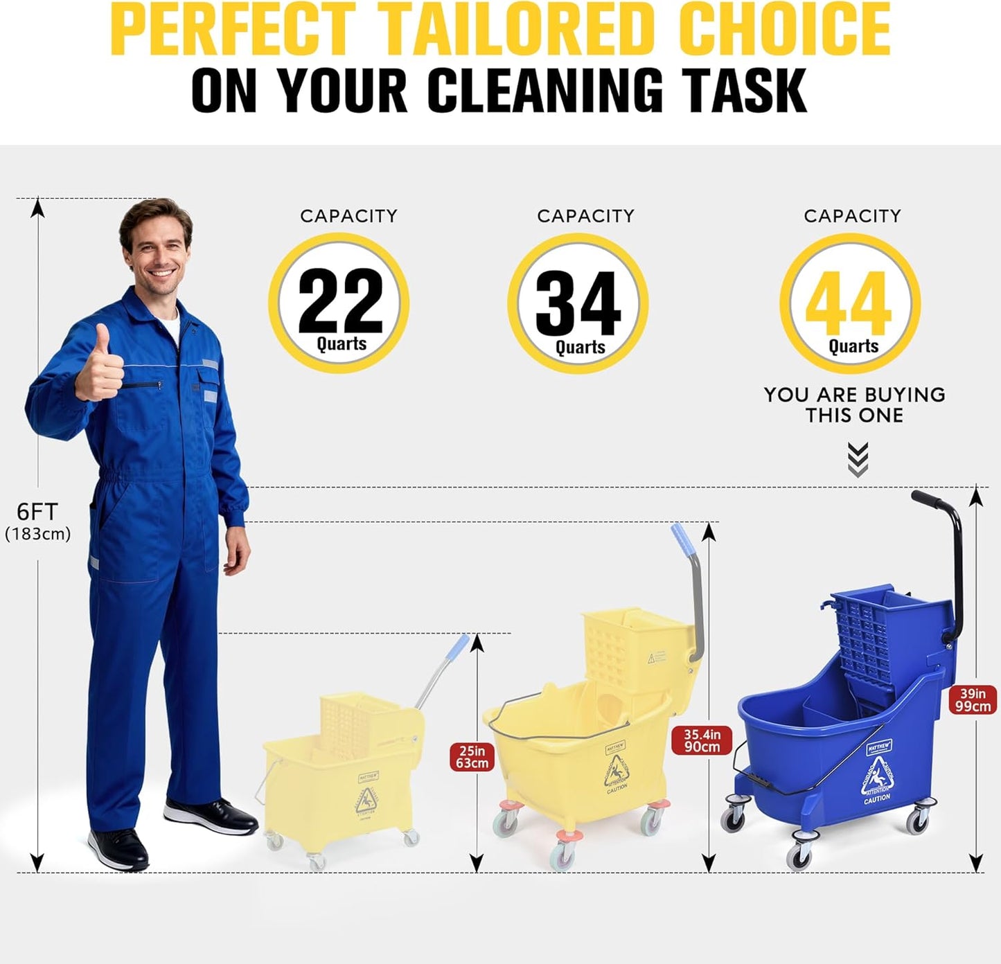 Matthew Cleaning 34 Quart Commercial Mop Bucket INCL.Wet String Mop with Side Press Wringer On Wheels,Heavy Duty Tandem Portable Floor Cleaning Wavebrake,Ideal for Household,Industrial,Restaurant