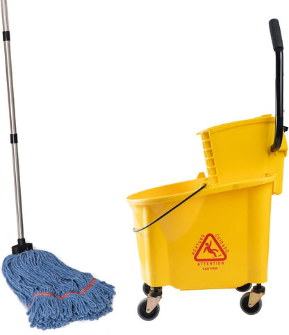 Matthew Cleaning 34 Quart Commercial Mop Bucket INCL.Wet String Mop with Side Press Wringer On Wheels,Heavy Duty Tandem Portable Floor Cleaning Wavebrake,Ideal for Household,Industrial,Restaurant