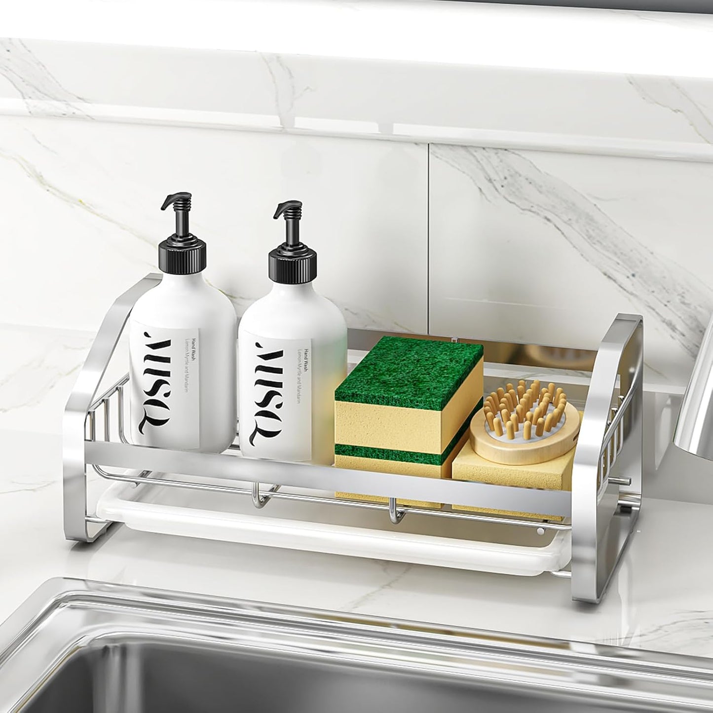 BSKSSK Sink Caddy, Sponge Holder for Kitchen Sink, Bathroom Sink Organizer, 304 Stainless Steel Kitchen Countertop Organizer Soap Tray with Removable Drain Tray-Black