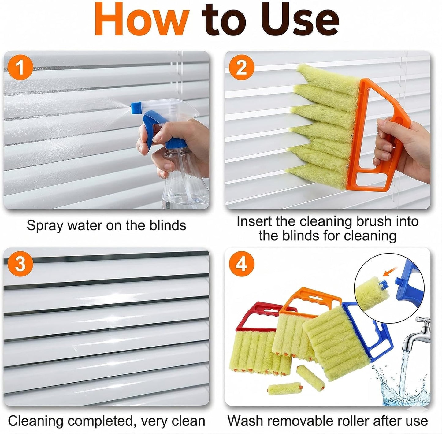 3-Piece Blind Cleaner Duster Tool with 7-Finger Design, Washable Microfiber Window Blind Brush for Wood Blinds, Venetian Shades, Air Conditioner Vents, and Window Tracks