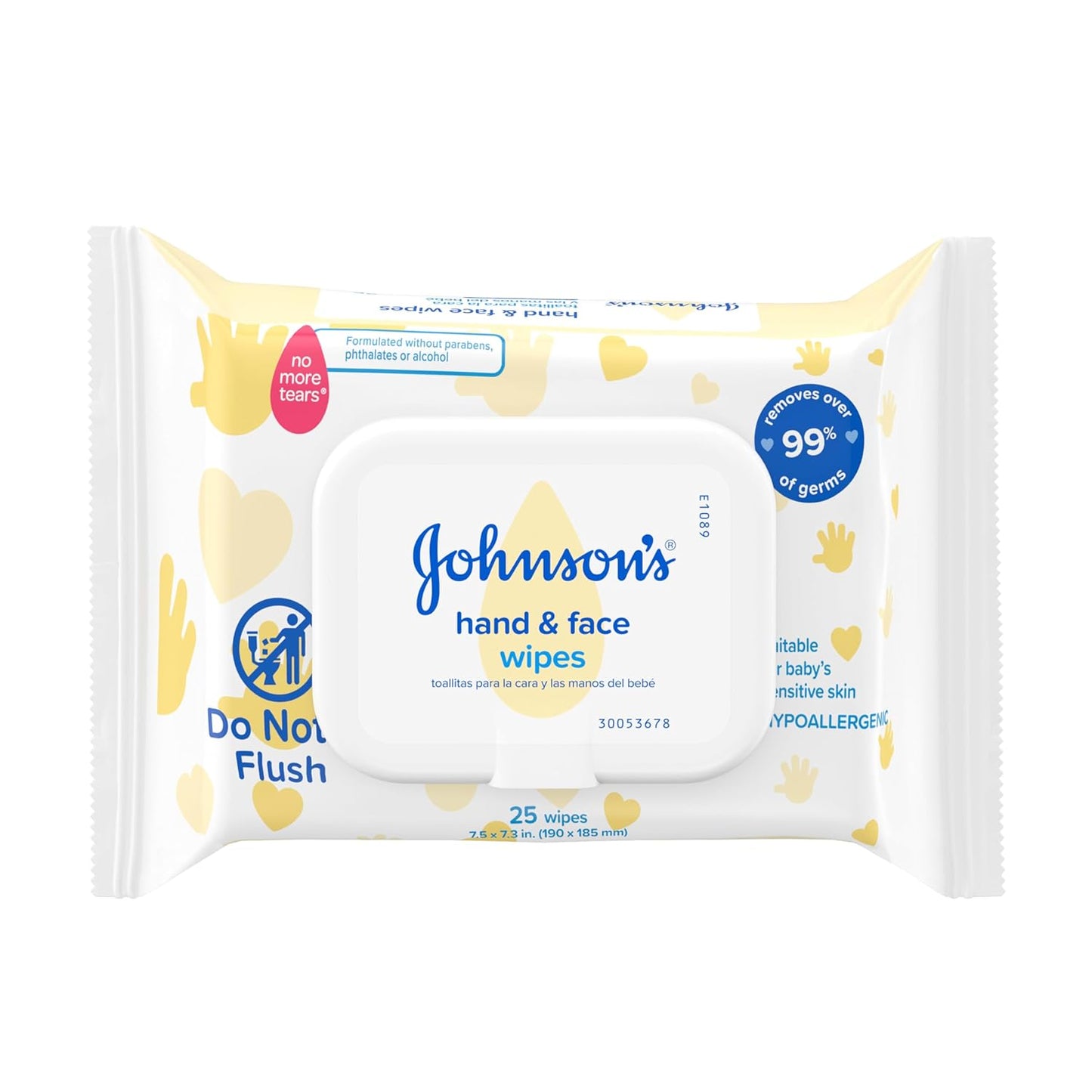 Johnson's Baby Hand & Face Baby Sanitizing Cleansing Wipes for Travel and On-The-Go, No More Tears Formula, Paraben and Alcohol Free, 25 ct, Case of 4