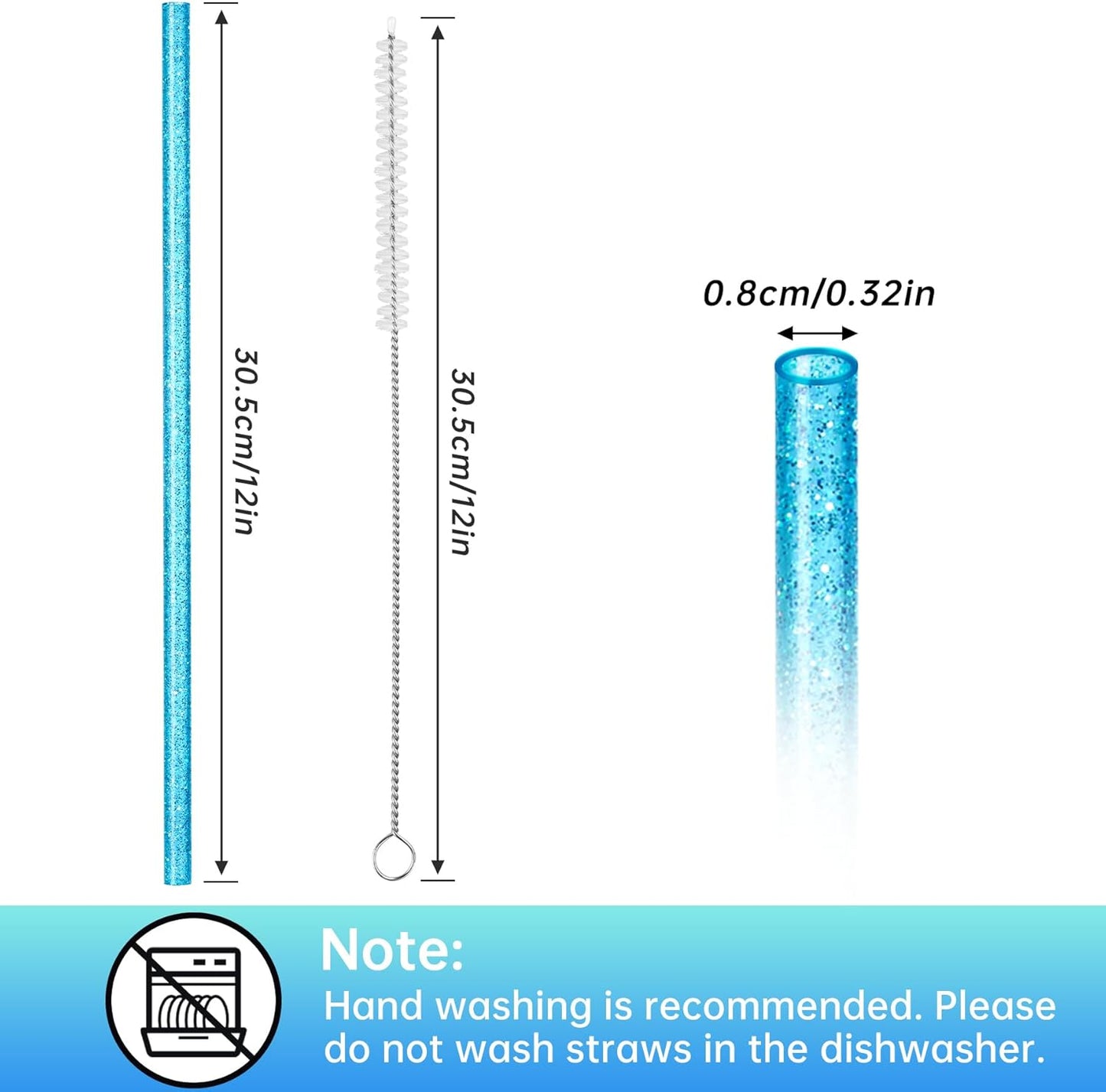NiHome 12-Pack Glitter Replacement Straws for Stanley Tumbler 40OZ & 2 Cleaning Brushes Set, 12" Length BPA-Free Durable PETG Material for Various Beverages & Cups, Adds Sparkle to Your Drinks (Clear)