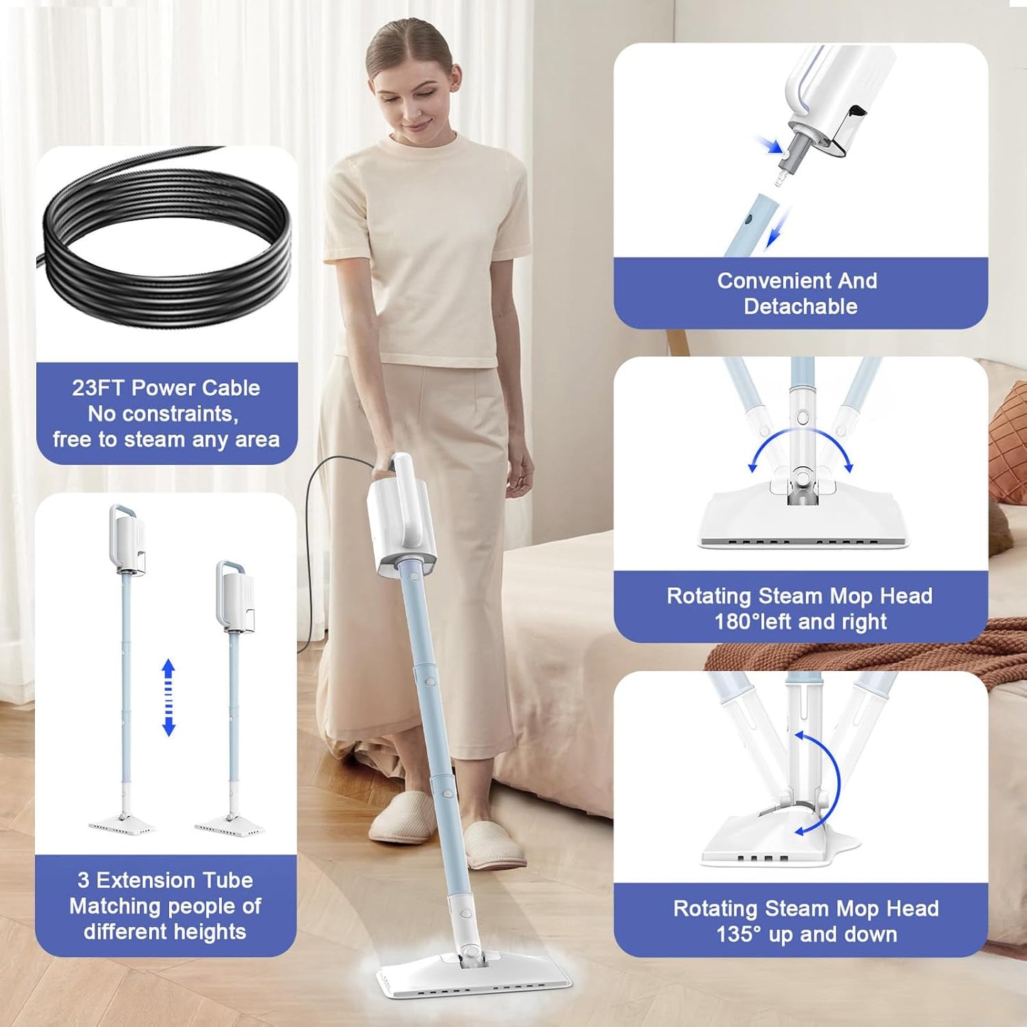 Steam Cleaner, 6 in1 Rotated Steam Mop Cleaner with 2 Modes, 2 Microfiber Pads, 400ML Removable Tank, 23FT Power Cable, Detachable Steam Mops for Floor, Laminate Floor, Tiles Cleaning (Sapphire Blue)