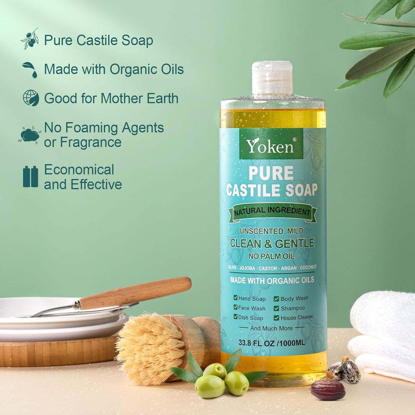 Yoken Castile Soap Liquid EWG Verified(1 Gallon, Unscented) Pure-Castile Liquid Soap for Body, Face, Hand, Pets, Laundry, Dish Soap and More - Made With Organic Oil, Vegan, Clean & Gentle, Versatile