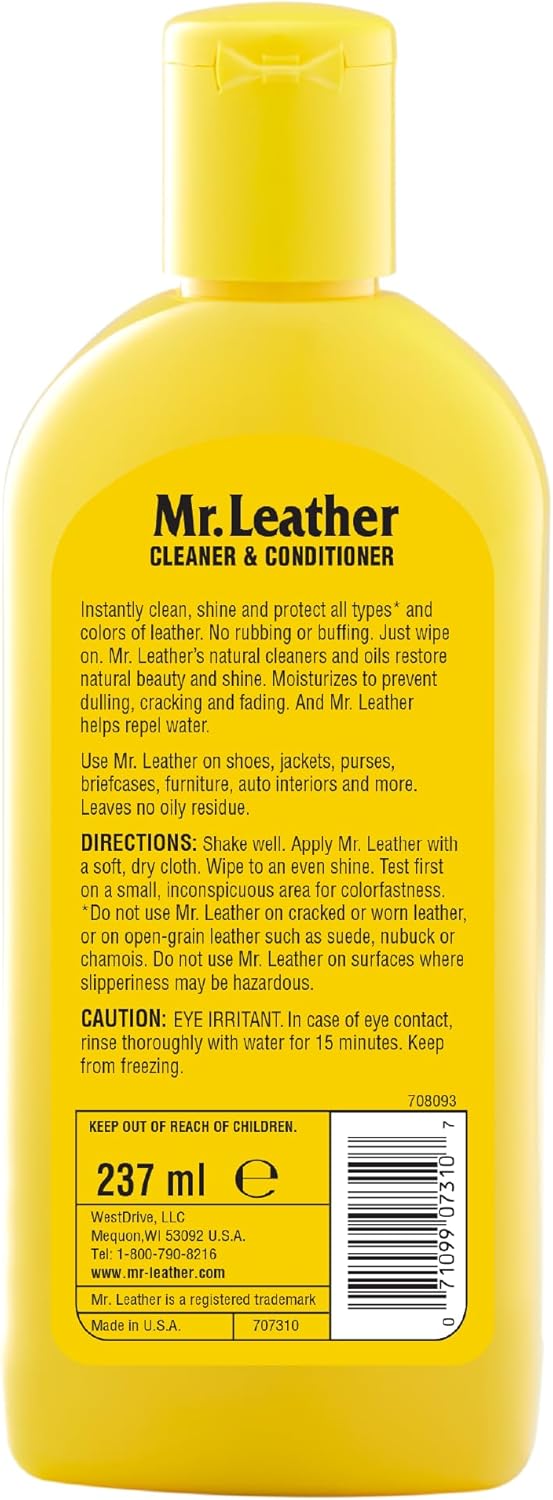 MR. LEATHER Cleaner and Conditioner (8 oz) - Restores & Protects All Leather with Natural Oils - Hydrating and Water-Repelling Cream for Couches, Car Interior, Shoes, and Bags