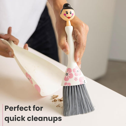 Vigar Mini Broom and Dustpan Set - Small Broom and Dustpan, Hand Broom for Desk, Kitchen, Car, Crumb Brush for Dust & Pet Hair, Decorative Doll Design, Portable Dust Pan Brush for Indoor - Turquoise