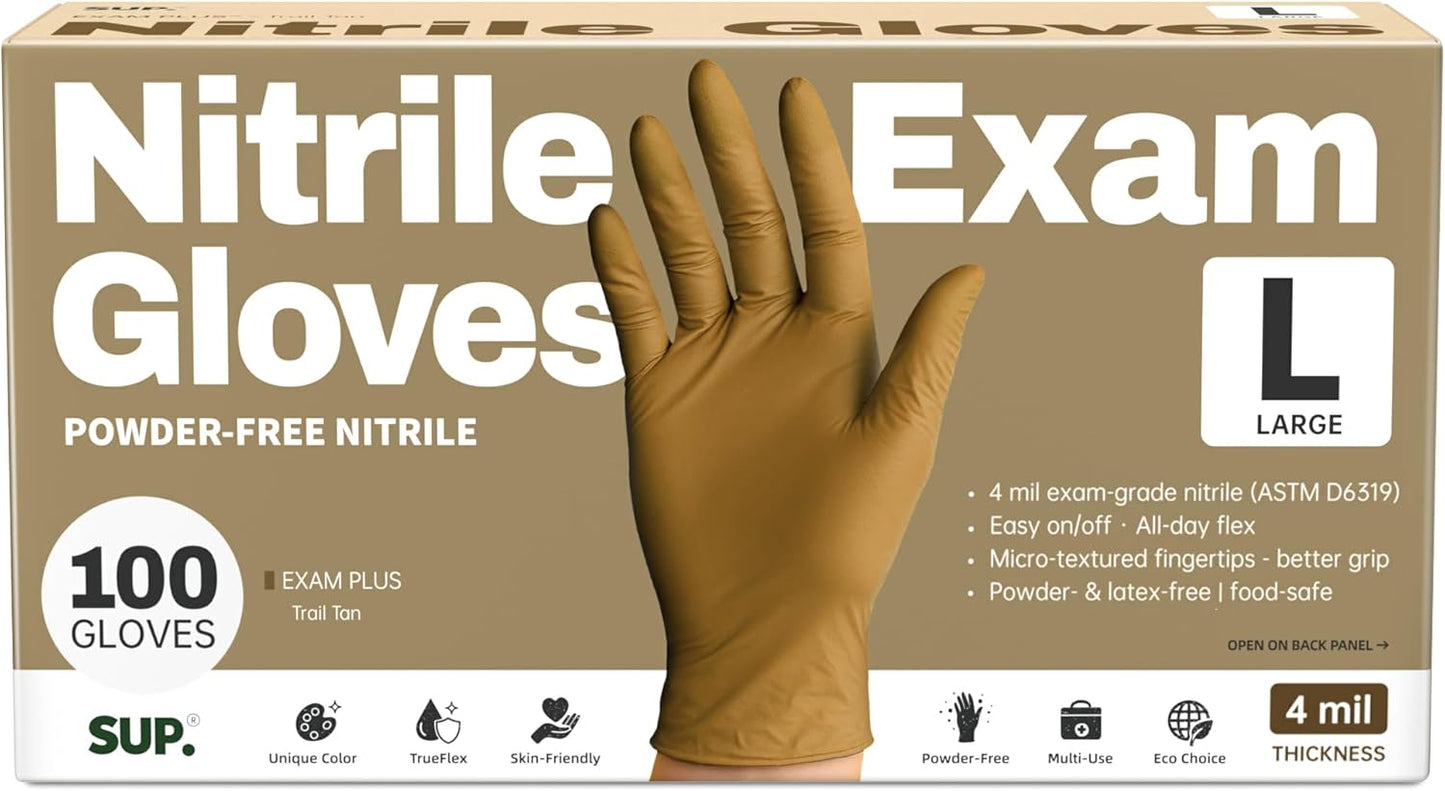 SUP Powder-Free Nitrile Gloves, 100 Count Food Safe Latex-Free Disposable Gloves for Medical Cooking Cleaning Food Prep, Tan