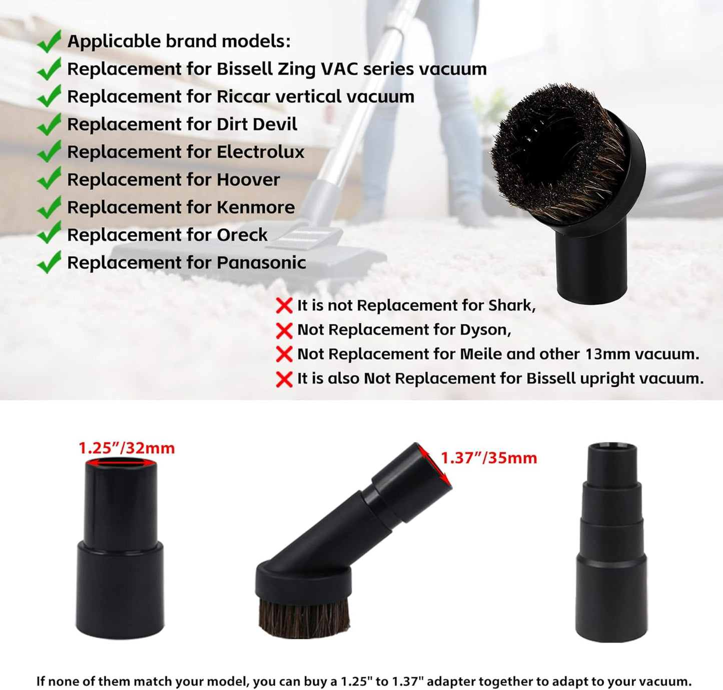 RDEXP Round Dust Brush 25mm Horse Hair 1.25" Vacuum Attachment Replacement,Perfect for Vacuuming Sofas and Baseboards,Use a Rubber Will Help It Fit Better