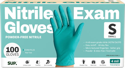 SUP Powder-Free Nitrile Gloves, 100 Count Food Safe Latex-Free Disposable Gloves for Medical Cooking Cleaning Food Prep, Teal