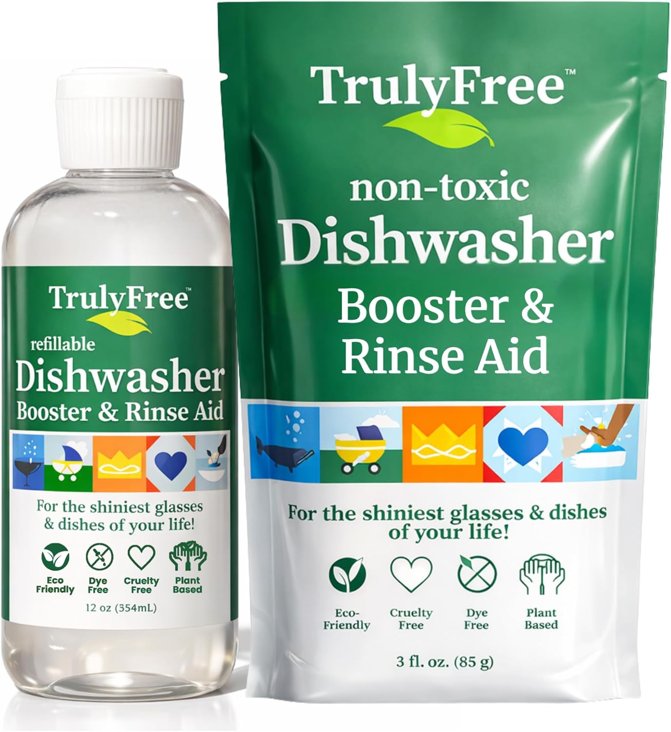 Truly Free Natural Dishwasher Booster & Rinse Aid - Non-Toxic Dishwashing Aid Formula, Removes Residue & Tough Dish Stains, Water Spot Remover - Pack of 3