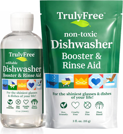 Truly Free Natural Dishwasher Booster & Rinse Aid - Non-Toxic Dishwashing Aid Formula, Removes Residue & Tough Dish Stains, Water Spot Remover - Pack of 3