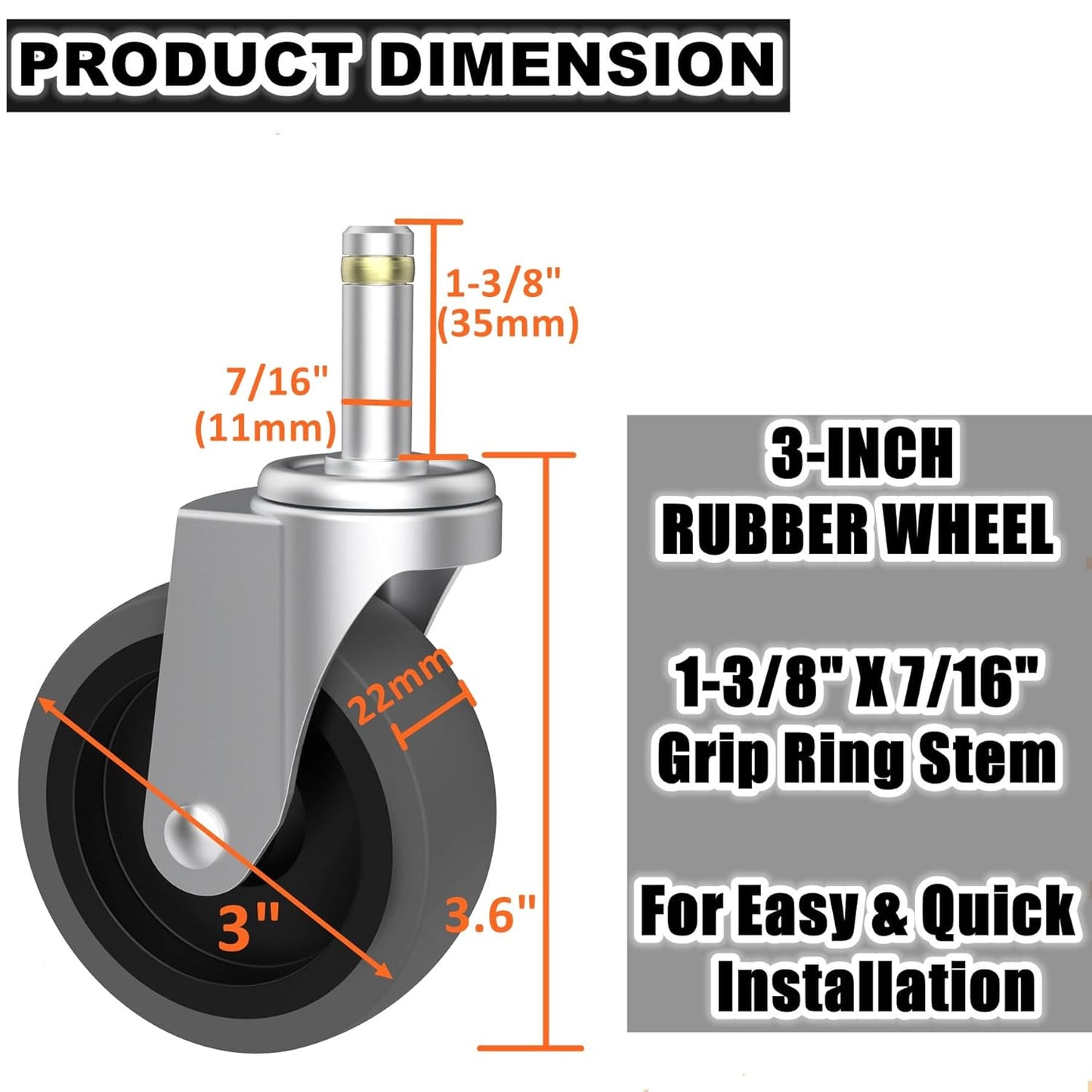 RILIDRI 3-Inch Swivel Stem Caster for Rubbermaid Mop Bucket Utility Cart, 7/16-Inch Stem Diameter Rubber Wheel Set of 4, Heavy Duty TPR Weber Grills Shop Vac Replacement Wheels