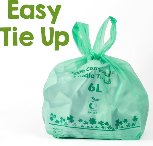 1.6 Gallon Tie Handles Compost Trash Bags 120 Food Scrap Bags, Compostable Kitchen Waste Bags with Europe EN13432 & ASTM D6400 Certified