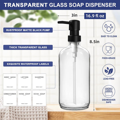 Dish Soap Dispenser for Kitchen, 16.9 fl oz Amber Hand and Dish Soap Dispensers, Kitchen Soap Dispenser Set with Sponge Holder, Brush Holder and Loofah Sponge, Countertop Sink Organizer Accessories