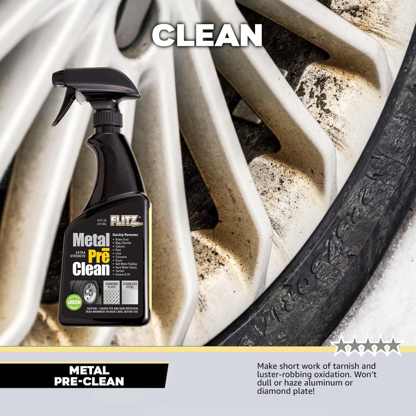 FLITZ Metal Pre-Clean - 16oz of USA-Made Stainless Steel Cleaner Spray - Works on Aluminum, Brass, Copper, & More - Tarnish, Rust Remover for Metals - Non-Abrasive Aluminum Deoxidizer (1 Pack)