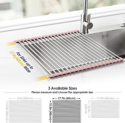 Tomorotec 17.7" x 15.5" Roll Up Dish Drying Rack Over Sink Drying Rack Sink Cover Kitchen Sink Accessories Gadget Multipurpose Organizer Foldable Stainless Steel Drainer (Grey)