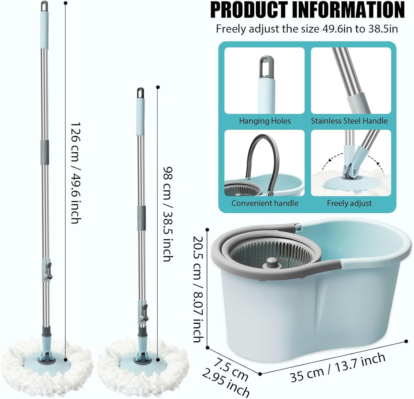 Spin Mop and Bucket with Wringer Set, 360° Spinning Mop Bucket System with 3 Microfiber Mop Replacement Heads, Adjustable Handle for Floor Cleaning (red)