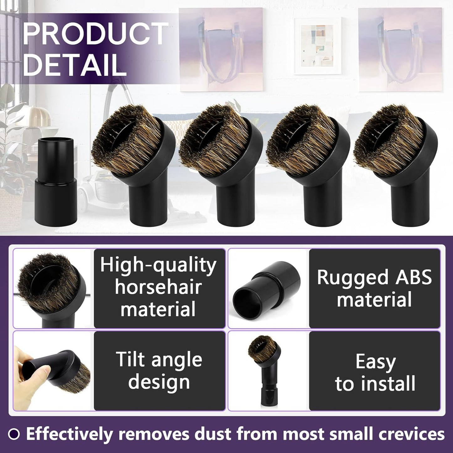 3PCS Horse Hair Brush Vacuum Attachment Set - Black Round Horse Hair Vacuum Attachments & Brushes - Shop Vac Brush Attachment for Most Vacuum Cleaners Accessories - 1 1/4" Vacuum Attachments Included