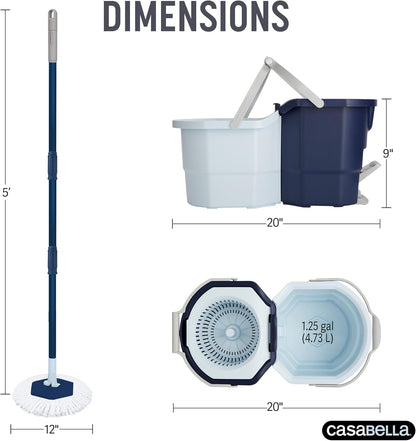 Casabella Clean Water Microfiber Spin Mop with 2-Bucket System, Antibacterial Spin Mop and Mopping Bucket Set, Blue/White