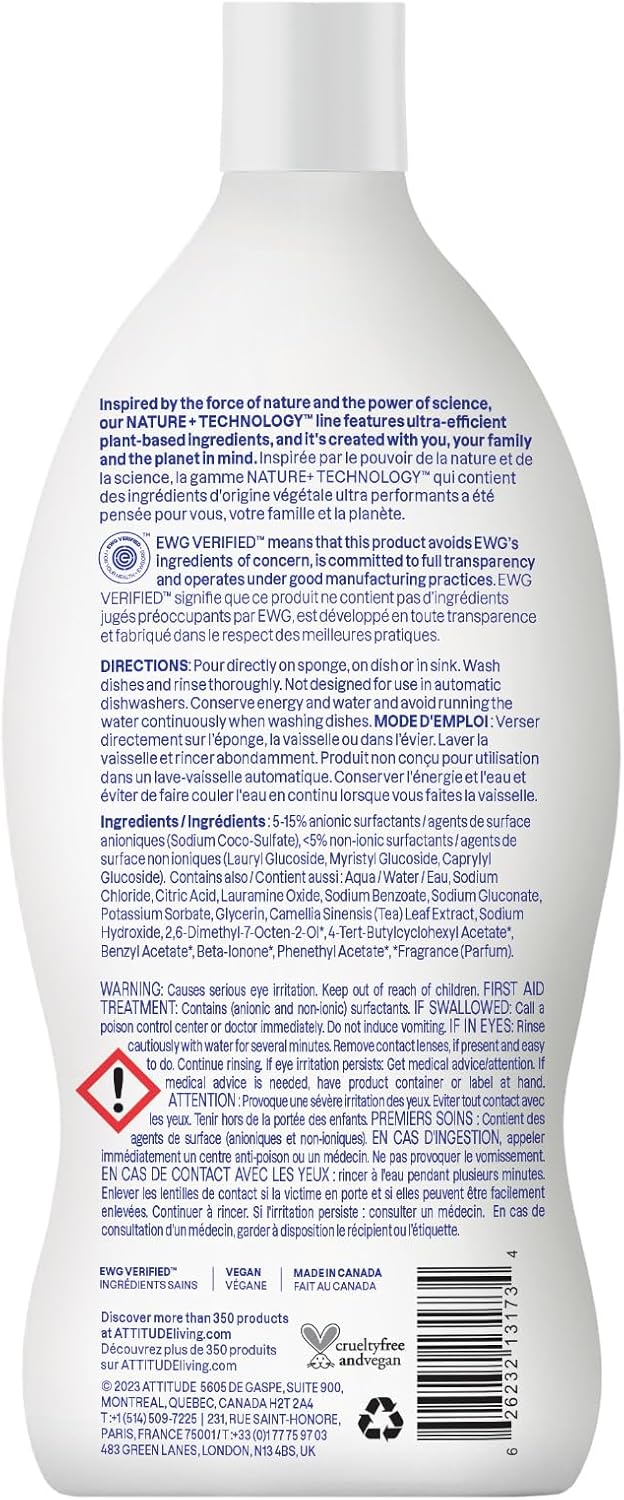 ATTITUDE Dish Soap, EWG Verified, Plant-Based & Vegan Dishwashing Liquid, Naturally Derived, Citrus Zest, 23.7 Fl Oz (Pack of 3)