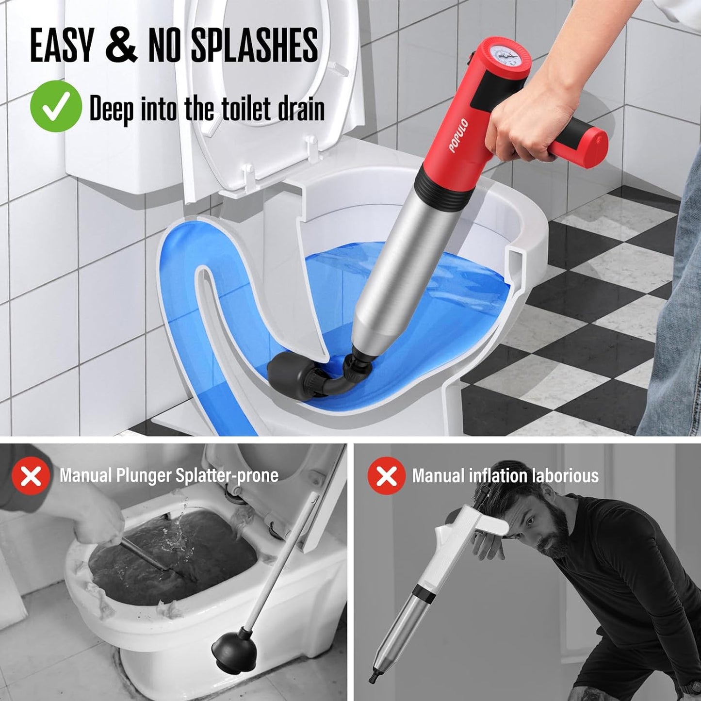 POPULO Electric Toilet Plunger High Pressure Drain Unclogger Plungers for Bathroom, Floors, Heavy Duty Versatile Home Toilet Unclogger Tool