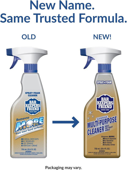 Bar Keepers Friend Spray + Foam Multipurpose Cleaner, 25.4 oz x 2, Surface Cleaner Removes Rust Stains, Mineral Deposits, Soap Scum, Grime & Tarnish