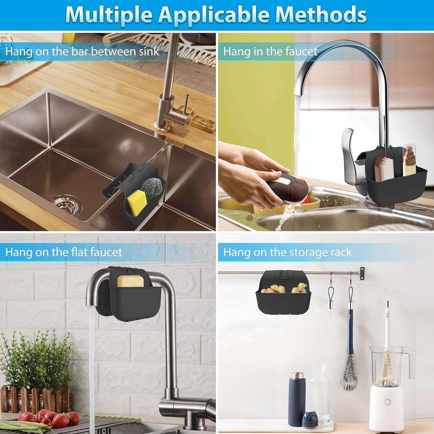 1Pc Sponge Holder for Kitchen Sink, Silicone Saddle Caddy Organizer Rack, Sponges Holder Over Faucet, Hanging Kitchen Sink Organizer Accessories Rack Basket-（Black）