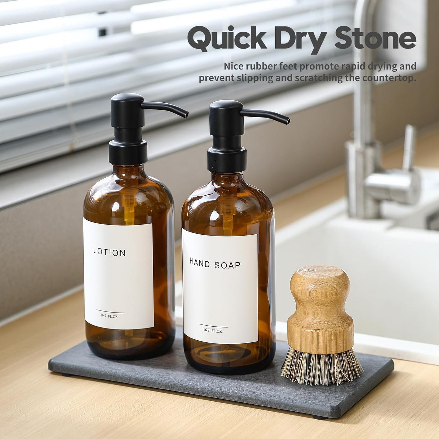 2PCS Water Absorbing Stone Drying Tray for Kitchen Counter & Bathroom Sink, Diatomite Faucet Splash Guard, Soap Dispenser Rack & Sponge Holder Caddy Organizer, Marble White (Printed Pattern), 9"x 3.5"