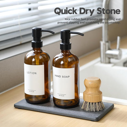 2PCS Water Absorbing Stone Drying Tray for Kitchen Counter & Bathroom Sink, Diatomite Faucet Splash Guard, Soap Dispenser Rack & Sponge Holder Caddy Organizer, Marble White (Printed Pattern), 9"x 3.5"