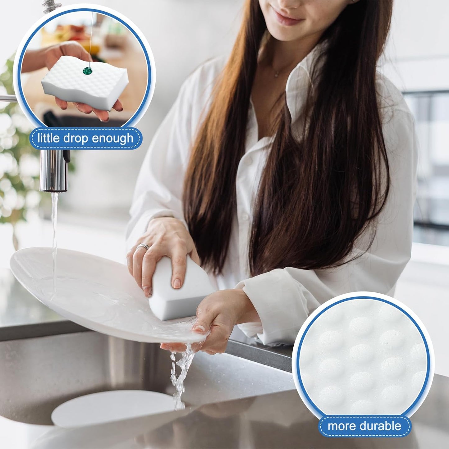 SiliFine Magic Extra Durable Sponge Eraser 3 Layer Density Cleaning Pads in Bulk Thick More Lasting Sponge Eraser for Bathroom Kitchen Floor Bathtub Toilet Cleaner(60 Pcs,White, Blue)