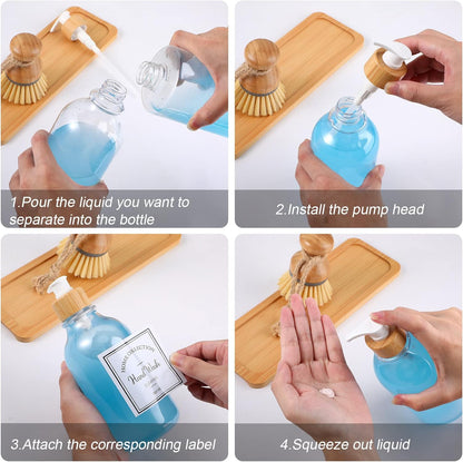Zopeal 4 Pcs 16 oz Kitchen Soap Dispenser Set with Bamboo Tray and Dish Brush Plastic Soap Dispenser Set with Waterproof Labels for Hand Dish Lotion(Frosted Black)