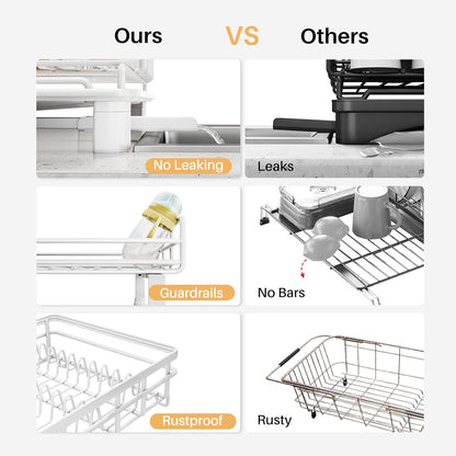 SNTD Dish Drying Rack - Extendable Dish Rack, Large Sink Drying Dish Drainer for Kitchen Counter, Stainless Steel Dish Strainer with Utensil Holder (Black)