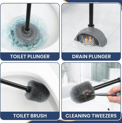 Toilet Bowl Brush and Plunger Set with Toilet Cleaner Brushes and Heavy Duty Plunger Long Handle for Essential Bathroom Scrubber Cleaning