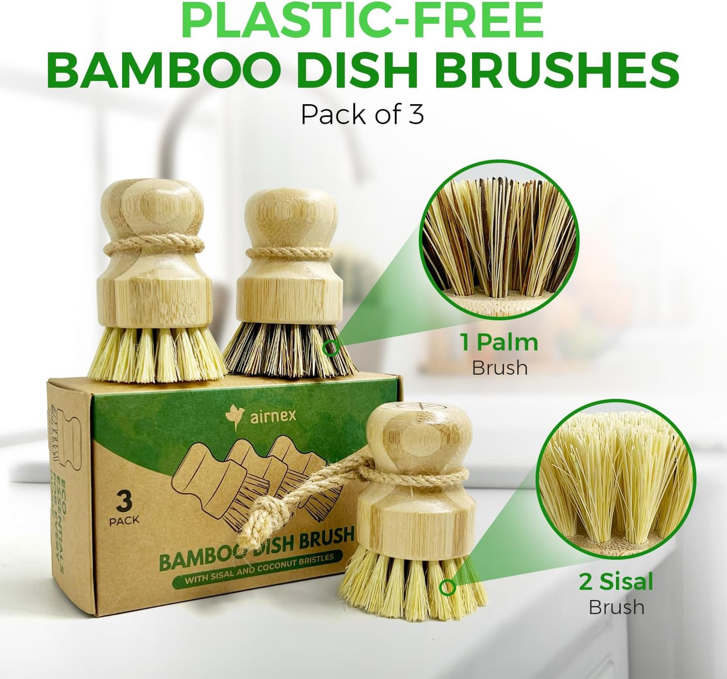 AIRNEX Bamboo Dish Brush Set of 3 - Natural Wooden Dish Scrubber w/Medium Stiff Sisal & Coconut Bristles - Kitchen Scrub Brush for Dishes, Pots & Pans - Plastic Free, Non Scratch Bristles
