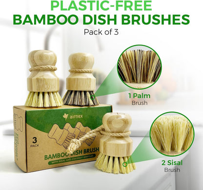 AIRNEX Bamboo Dish Brush Set of 3 - Natural Wooden Dish Scrubber w/Medium Stiff Sisal & Coconut Bristles - Kitchen Scrub Brush for Dishes, Pots & Pans - Plastic Free, Non Scratch Bristles