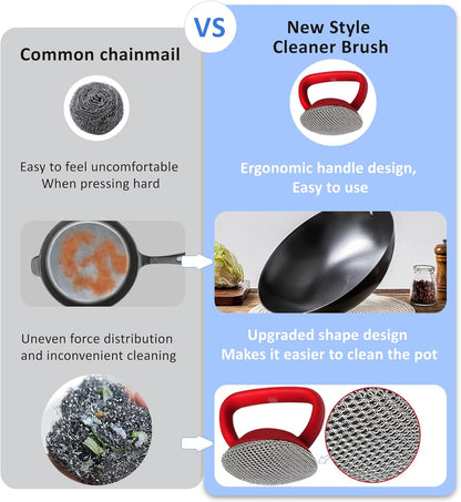 Cast Iron Scrubber with Handle 316L Stainless Steel Chainmail Scrubber for Cast Iron Pan Skillet Cleaner,Skillets and Grills (Red)