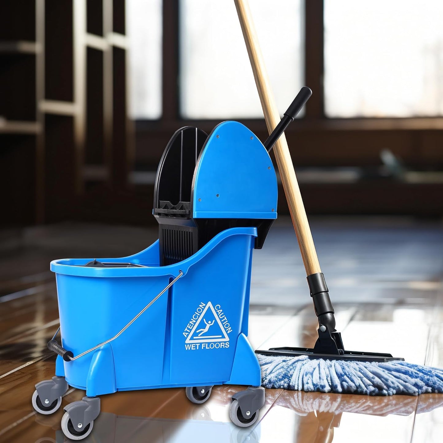 Mop Bucket with Wringer,Mop Bucket Separate Dirty Water for Floor Cleaning,Commercial Mop Buckets on Wheels,Blue